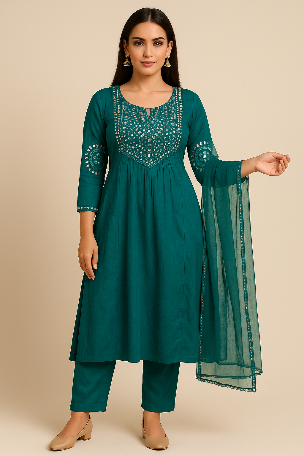 Firozi Blue Mirror-Work Anarkali Kurta Set with Dupatta