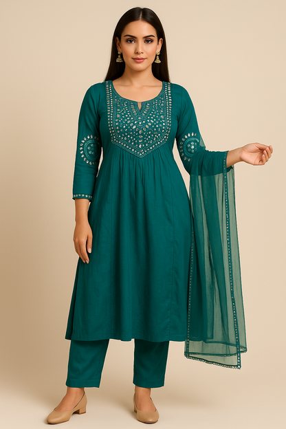 Firozi Blue Mirror-Work Anarkali Kurta Set with Dupatta