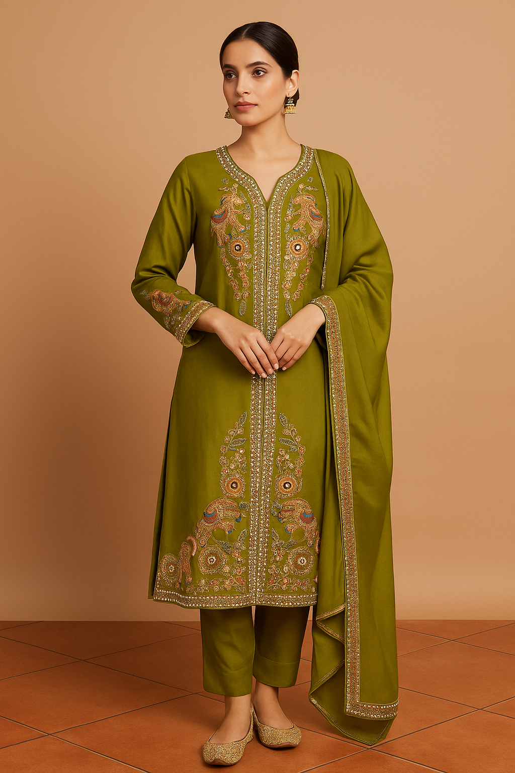 Olive Green Embroidered Kurta Set with Dupatta