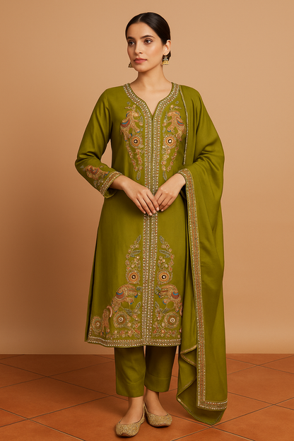 Olive Green Embroidered Kurta Set with Dupatta