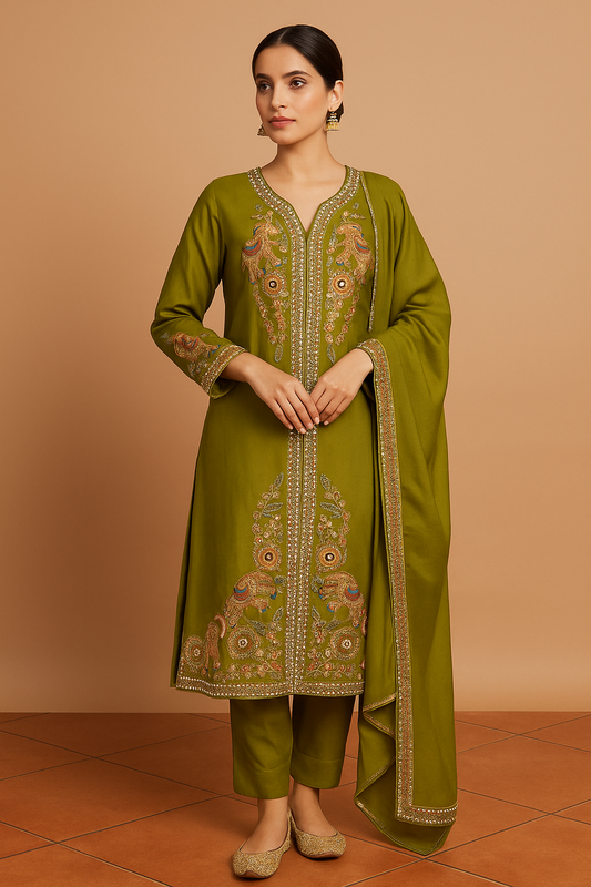 Olive Green Embroidered Kurta Set with Dupatta