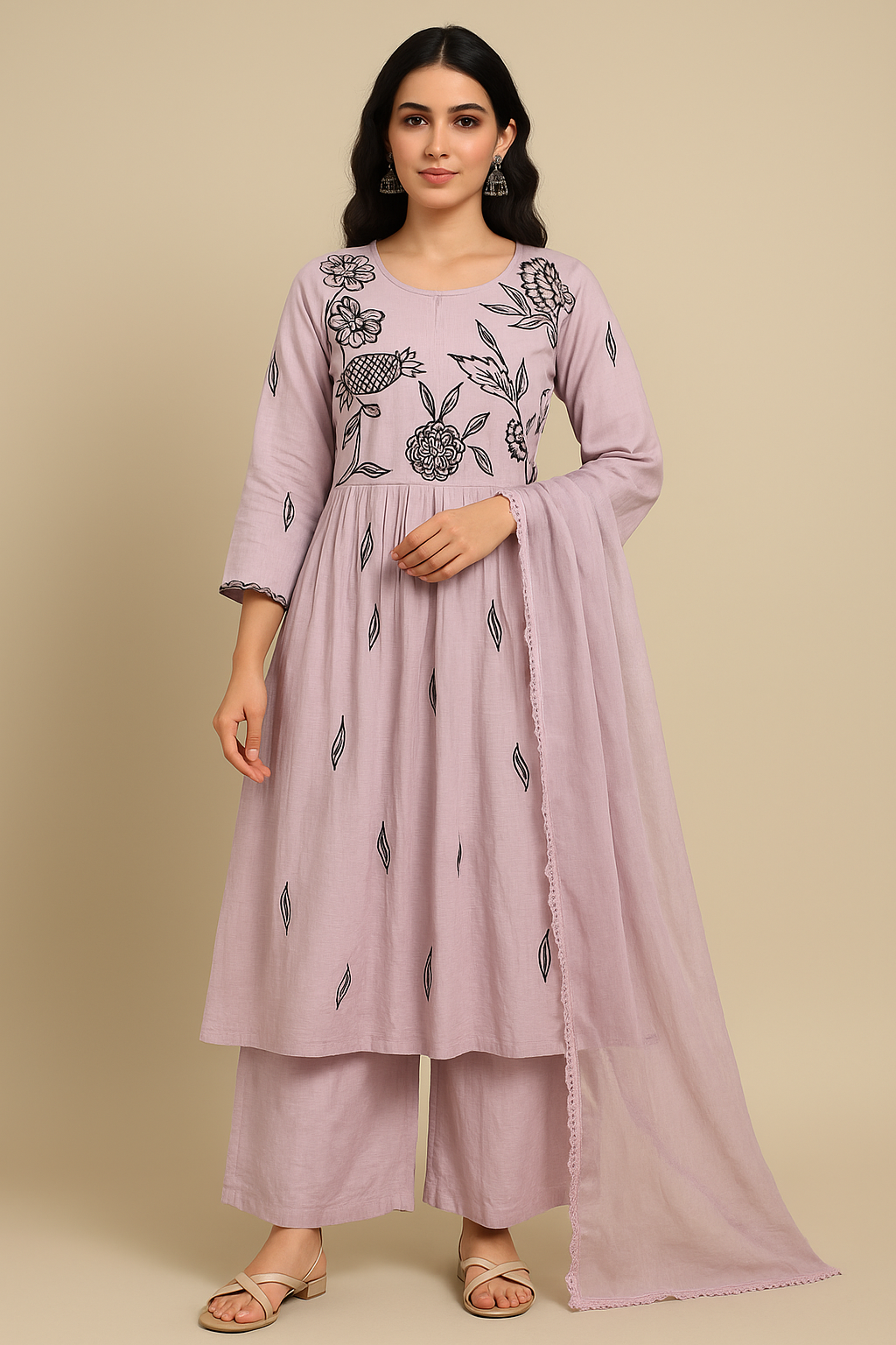 Pastel Purple Embroidered Anarkali Suit with Palazzo & Dupatta
