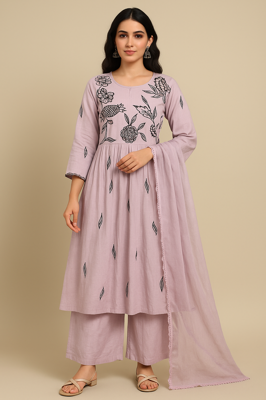 Pastel Purple Embroidered Anarkali Suit with Palazzo & Dupatta