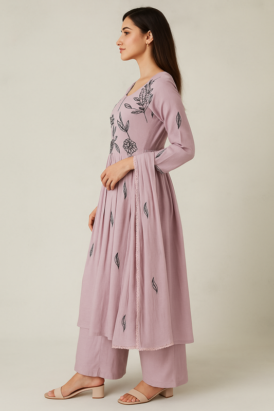 Pastel Purple Embroidered Anarkali Suit with Palazzo & Dupatta