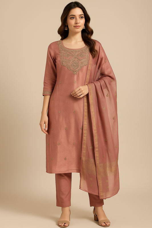 Dusty Rose Embroidered Silk Blend Salwar Suit