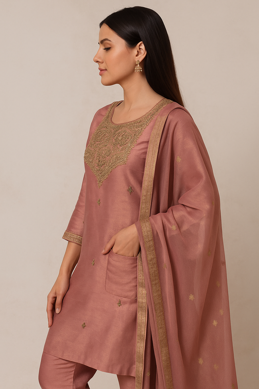 Dusty Rose Embroidered Silk Blend Salwar Suit