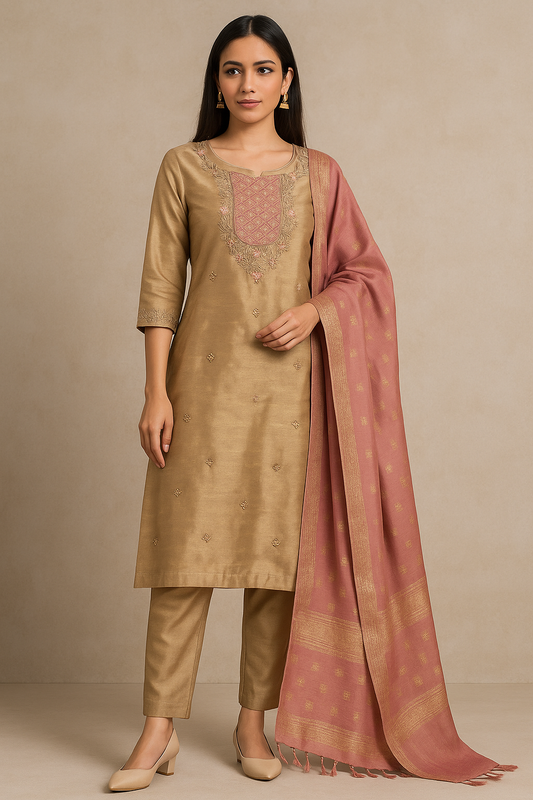 Rose Beige Radiance – Embroidered Silk Blend Salwar Suit