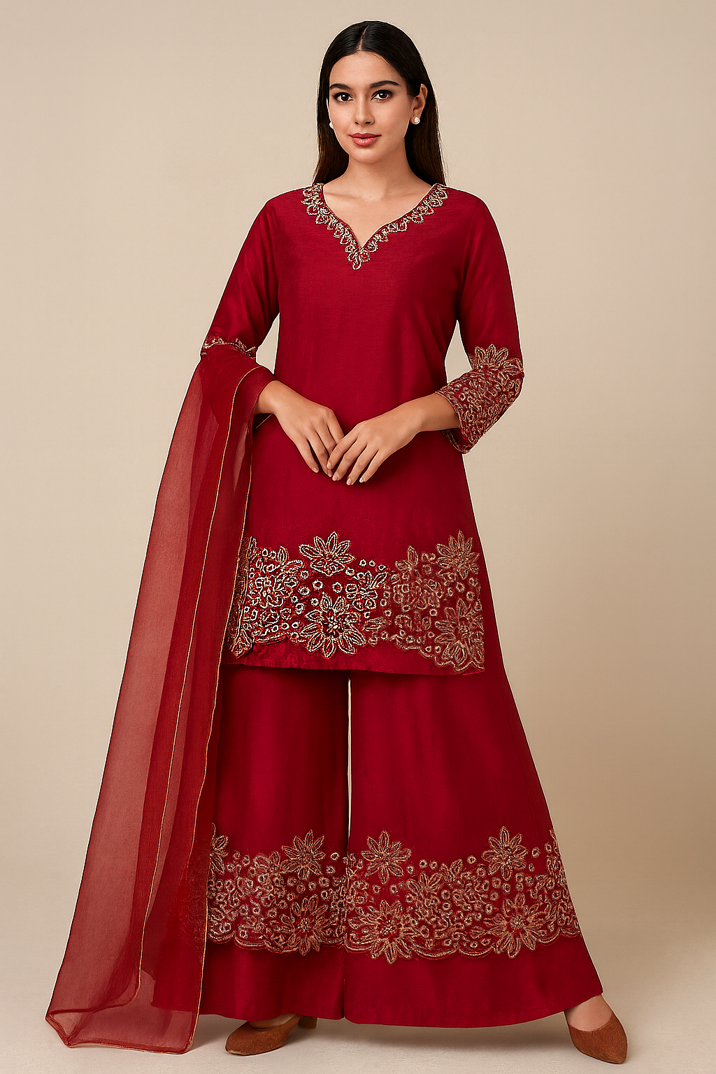 Royal Pink Mul Chanderi Silk Embroidered Palazzo Set