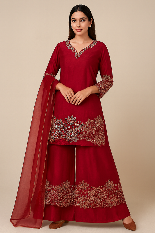 Royal Pink Mul Chanderi Silk Embroidered Palazzo Set