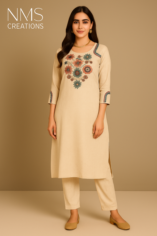 Beige Floral Embroidered Kurta Set
