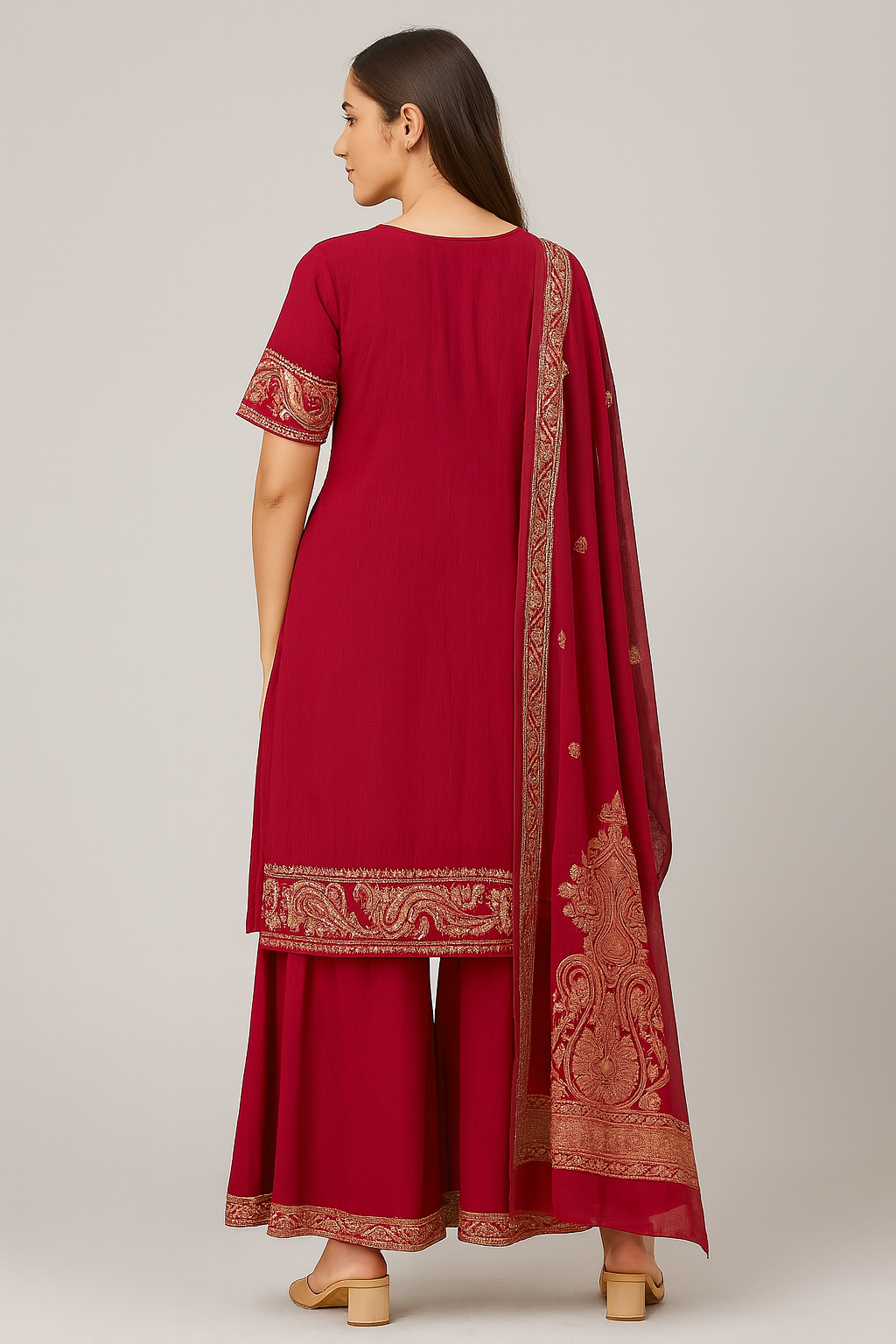 Regal Red Embroidered Anarkali Palazzo Suit with Dupatta