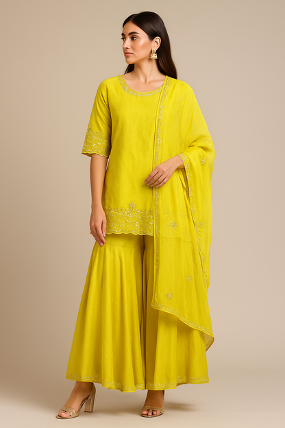 Lemon Yellow Premium Chanderi Silk Palazzo Suit