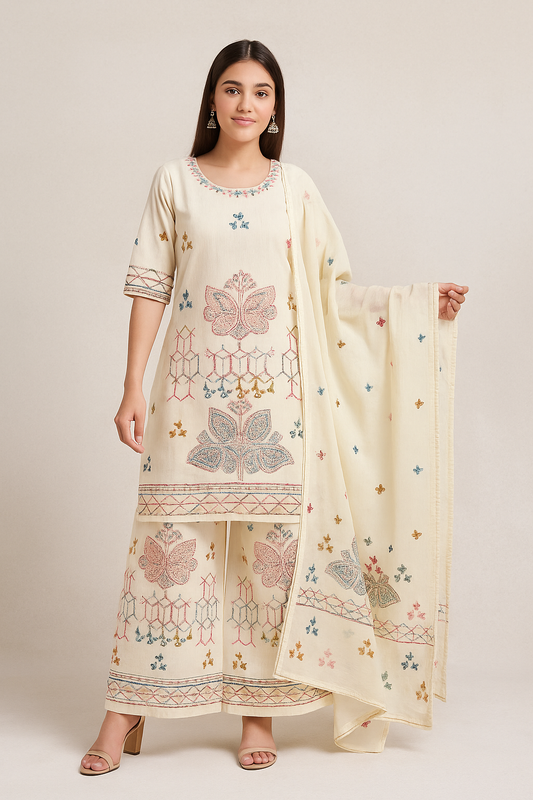 Cream White Premium Printed Palazzo Suit