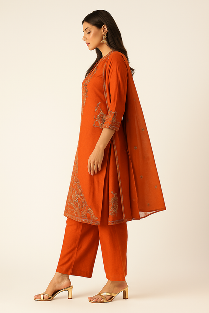 Rust Orange Embroidered Kurta Set with Dupatta