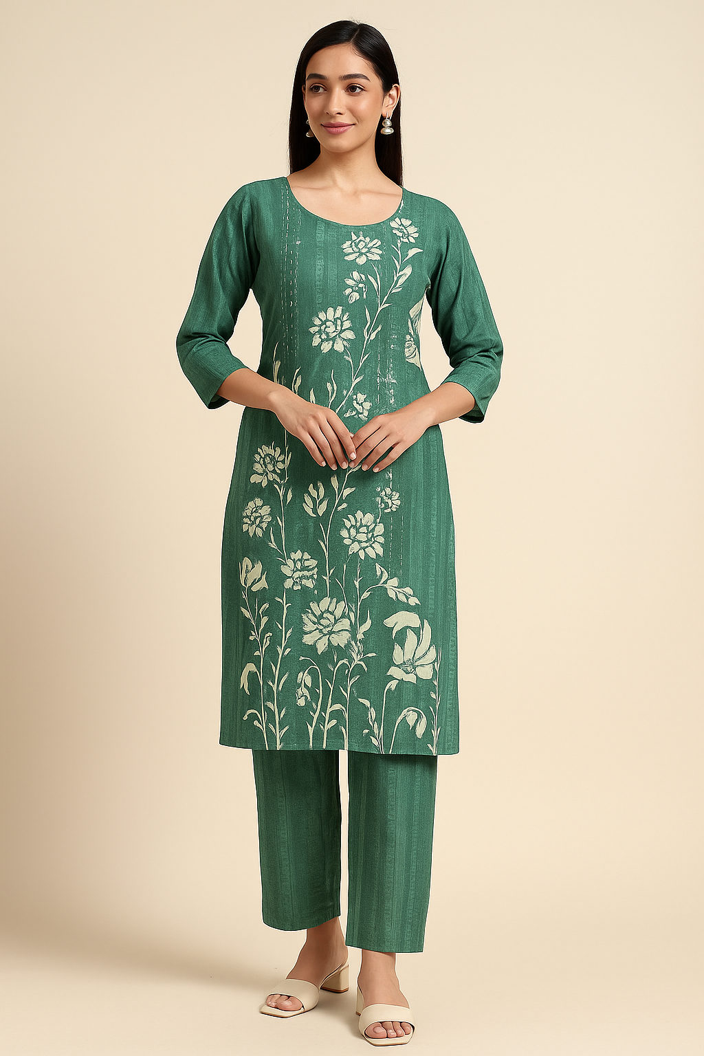 Green Floral Printed Cotton Salwar Suit with Dupatta