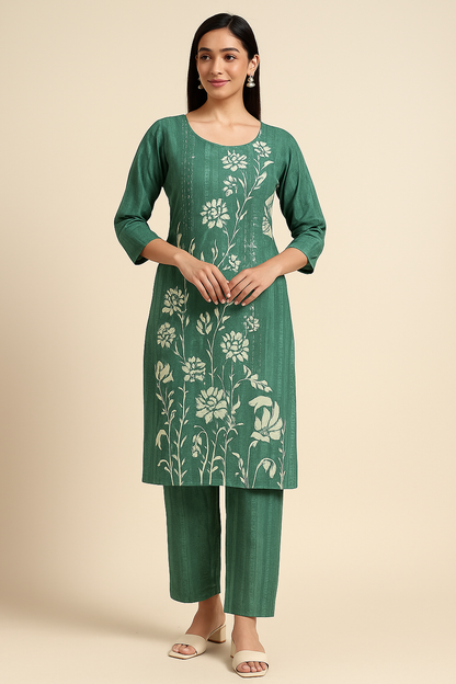 Green Floral Printed Cotton Salwar Suit with Dupatta