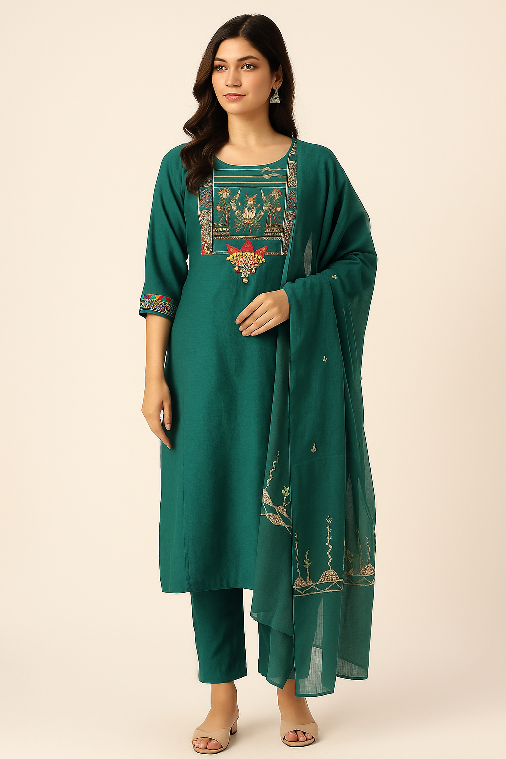 Emerald Green Embroidered Palazzo Suit with Dupatta