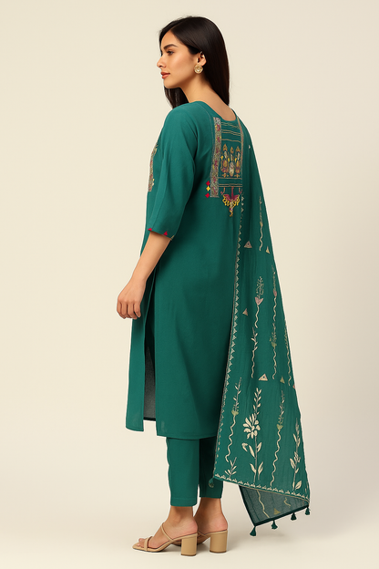Emerald Green Embroidered Palazzo Suit with Dupatta