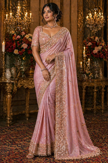 Blush Pink Heavy Embroidered Saree