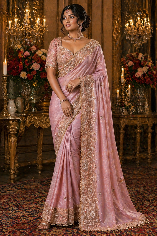 Blush Pink Heavy Embroidered Saree