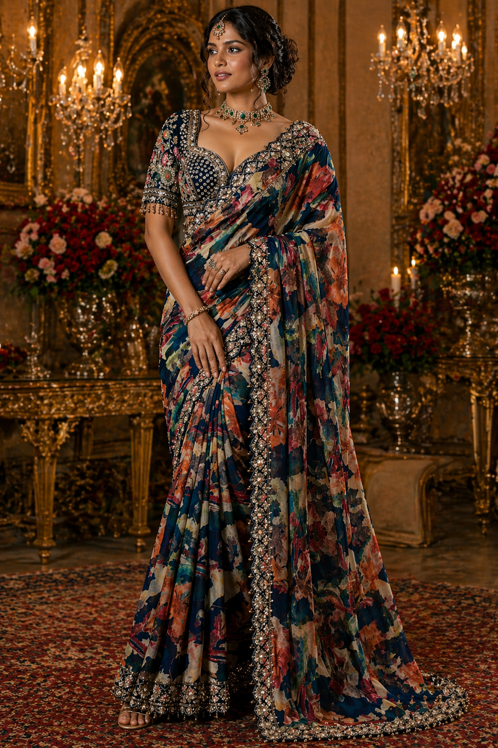 Navy Floral Saree with Embellished Border