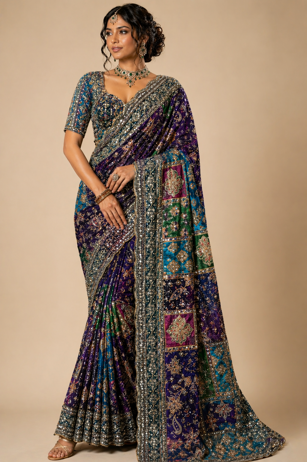 Midnight Teal Patchwork Saree with Blouse