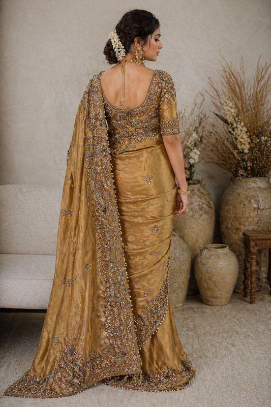 Golden Peacock Heavy Embroidered Saree with Stitched Blouse