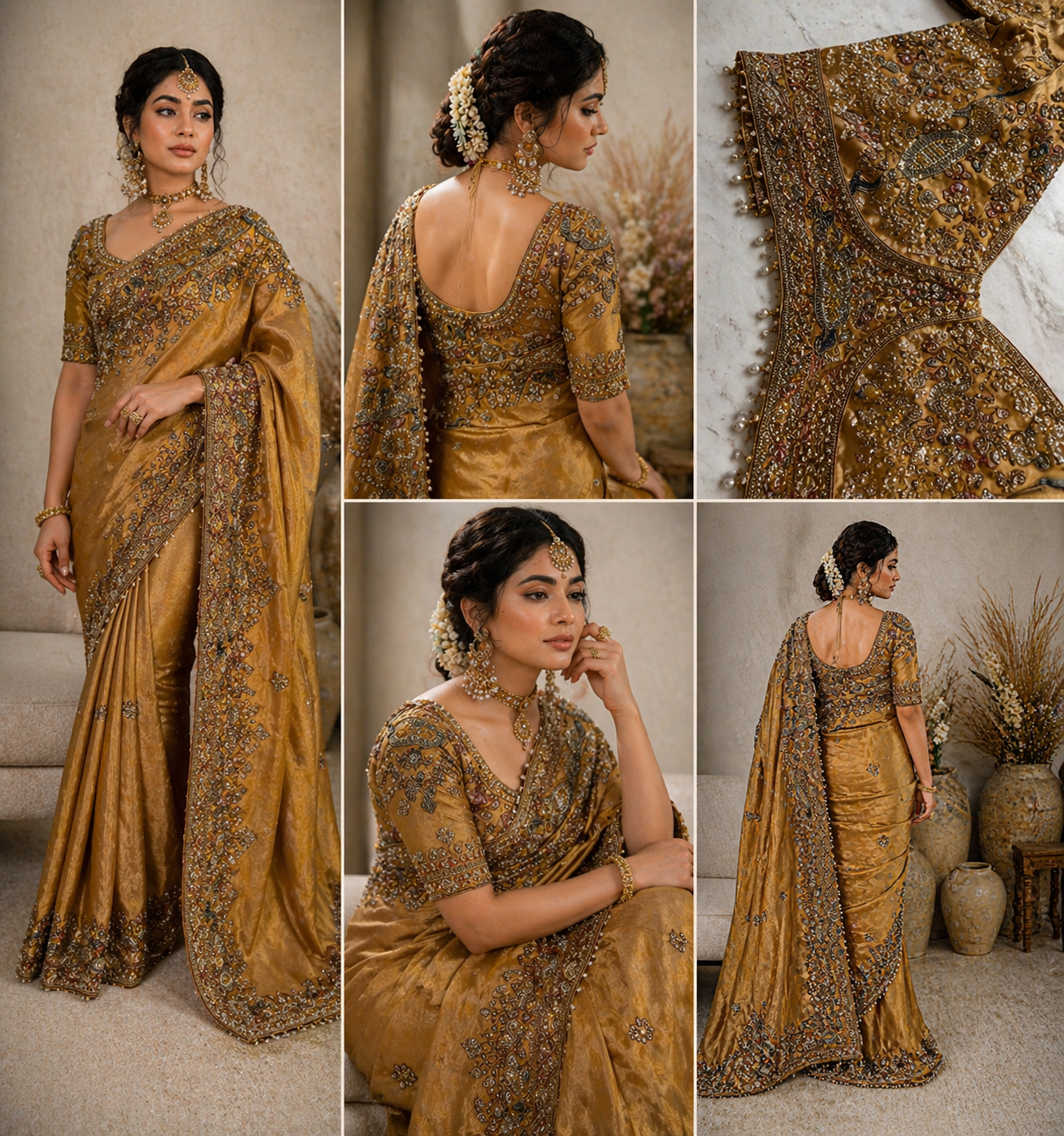 Golden Peacock Heavy Embroidered Saree with Stitched Blouse