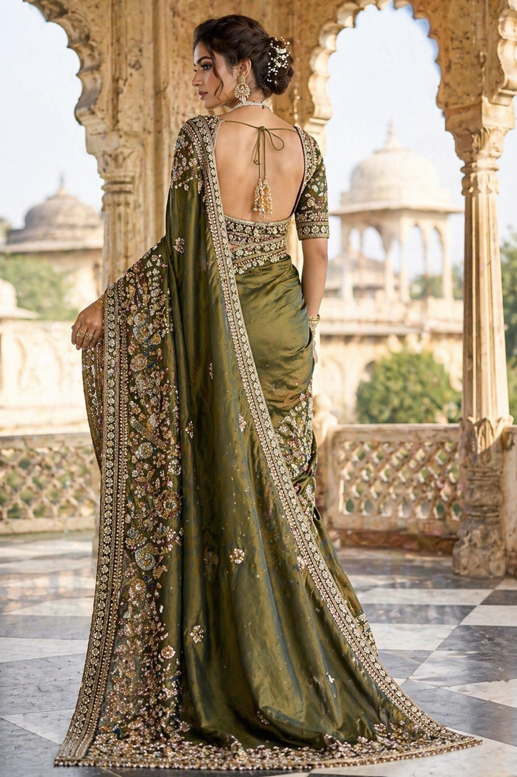 Emerald Peacock Heavy Embroidered Saree with Stitched Blouse