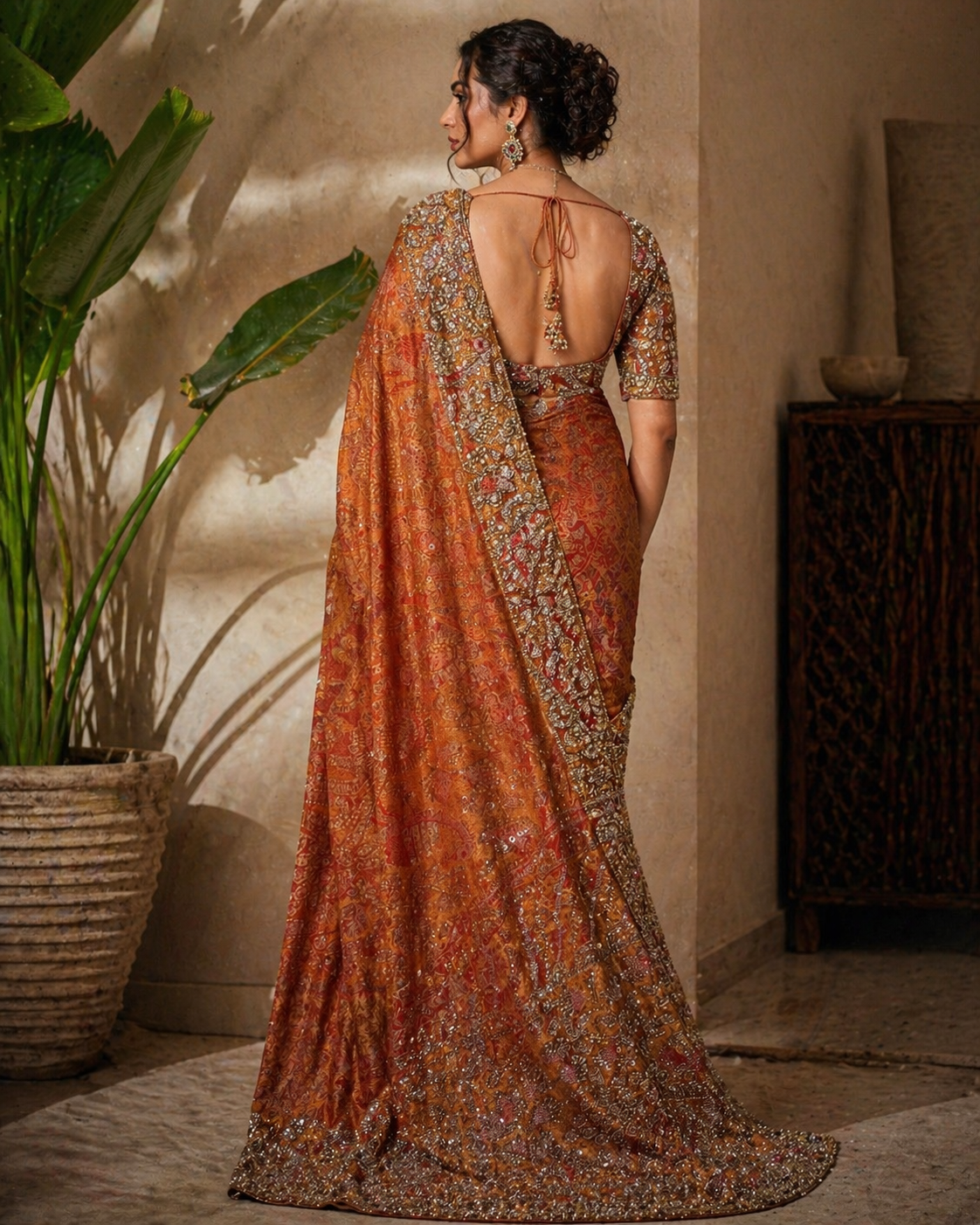 Dusty Orange Heavy Embroidered Saree with Stitched Designer Blouse