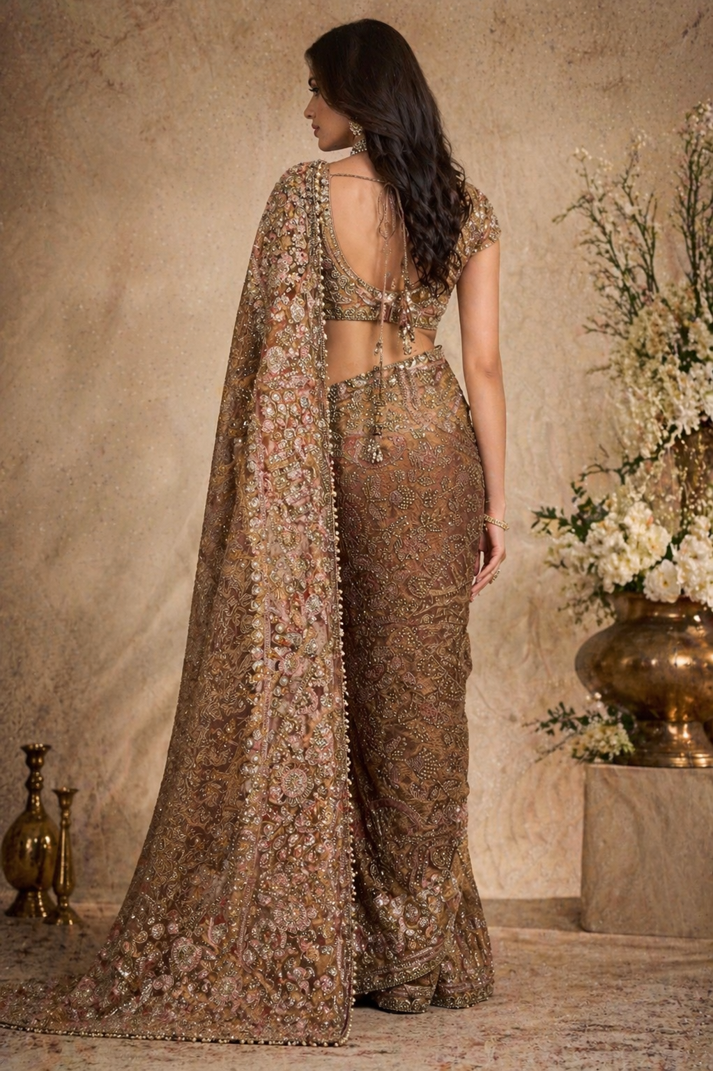 Mocha Rose Heavy Embroidered Saree with Stitched Blouse
