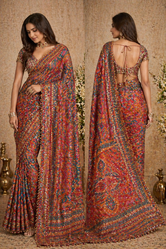 Multicolor Heritage Heavy Embroidered Saree with Stitched Blouse