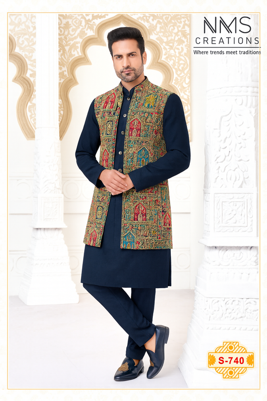 Regal Multicolor Embroidered Long Koti with Navy Blue Cotton Silk Kurta Pyjama – Men’s Traditional Set