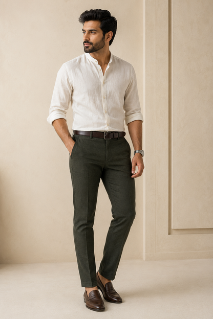 Men’s olive green trendy fit cotton trousers – full front model view