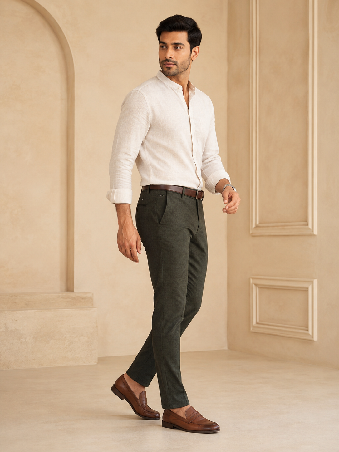 Men’s olive green trendy fit cotton trousers – side model view
