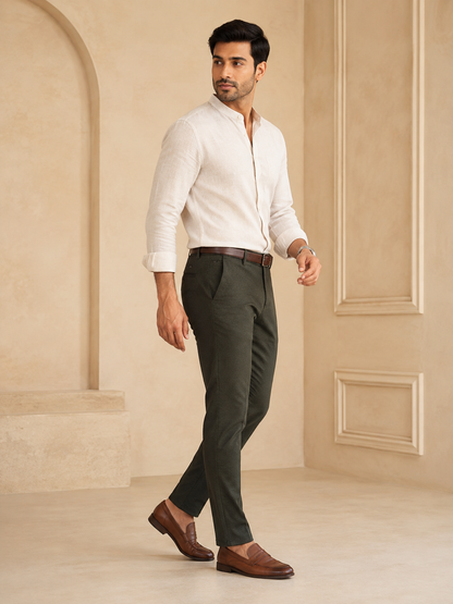 Men’s olive green trendy fit cotton trousers – side model view