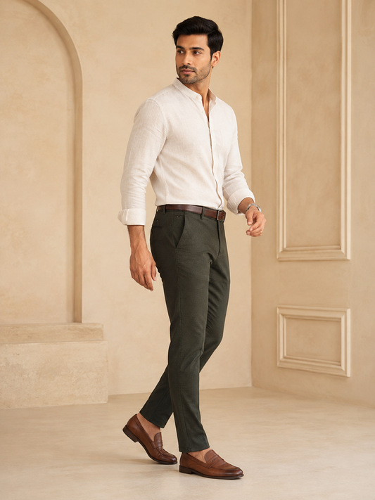 Men’s olive green trendy fit cotton trousers – side model view