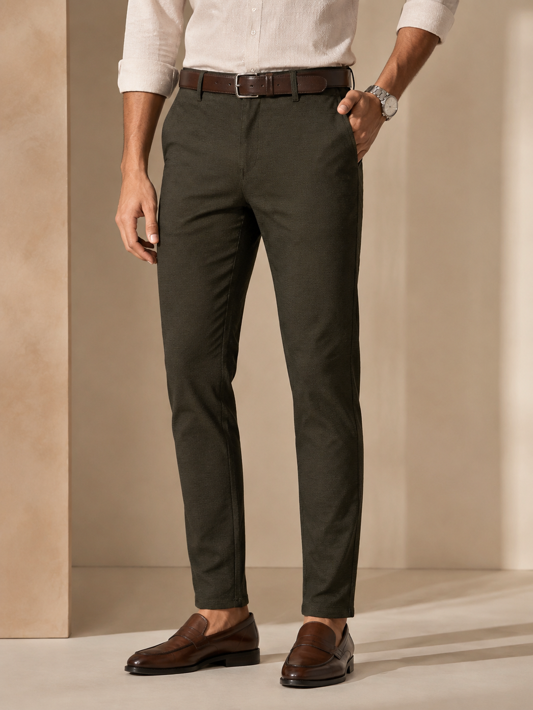 Men’s olive green trendy fit cotton trousers – back model view