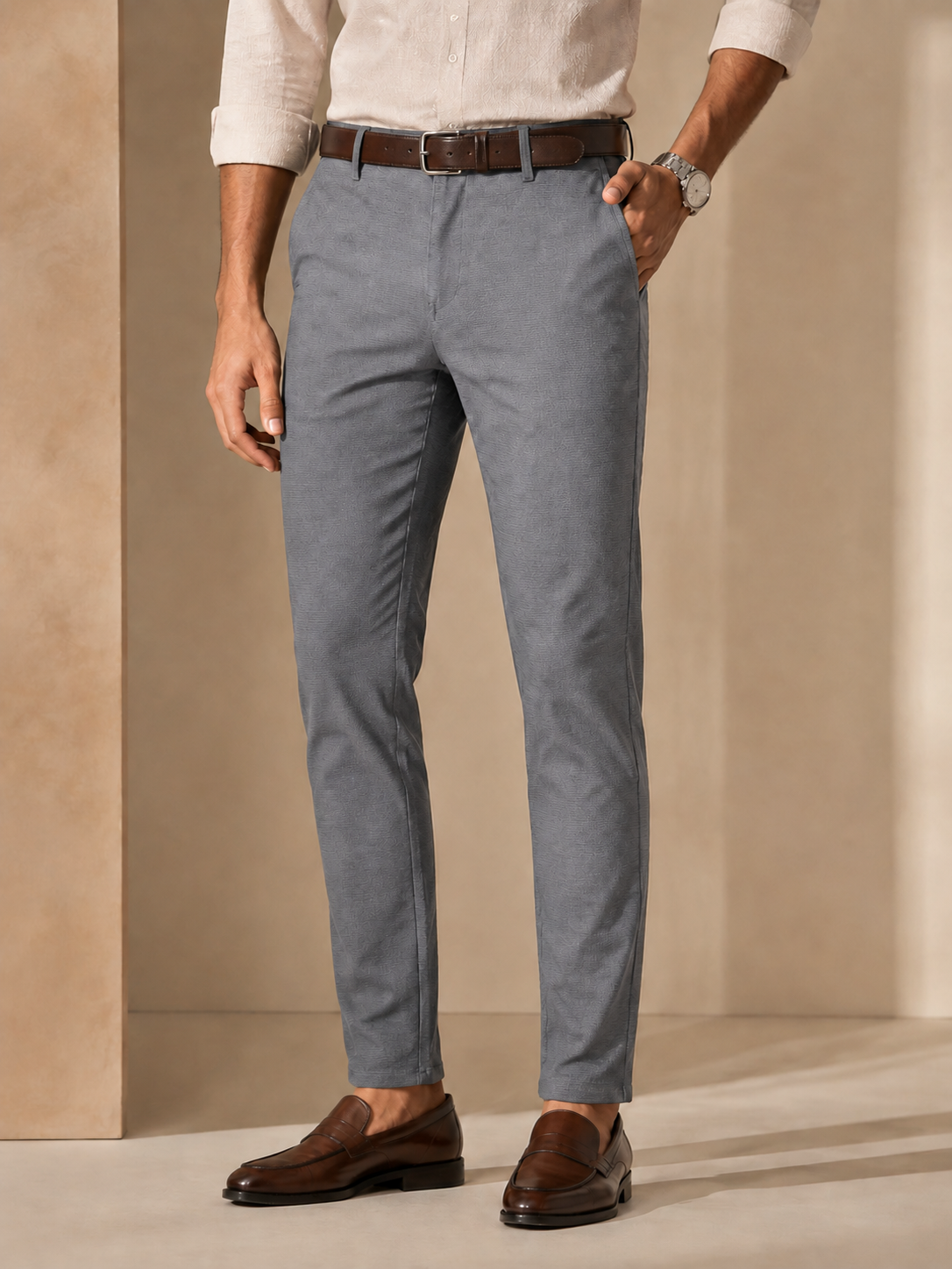 Men’s slate grey trendy fit cotton trousers – three-quarter model view