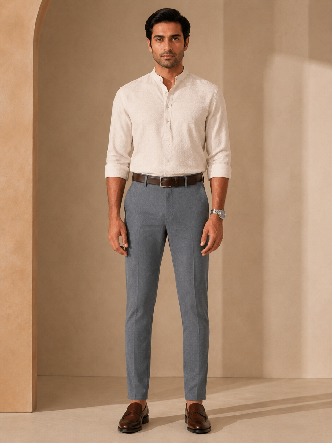 Men’s slate grey trendy fit cotton trousers – full front model view