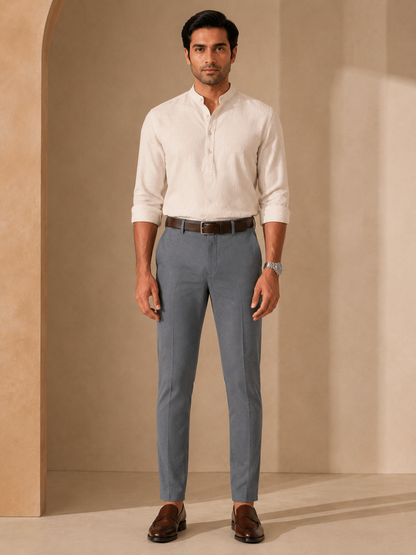 Men’s slate grey trendy fit cotton trousers – full front model view