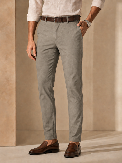 Men’s stone beige trendy fit cotton trousers – front detail model view