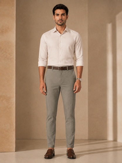 Men’s stone beige trendy fit cotton trousers – full front model view
