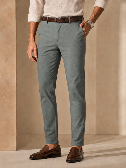 Men’s sage green trendy fit cotton trousers – front detail model view