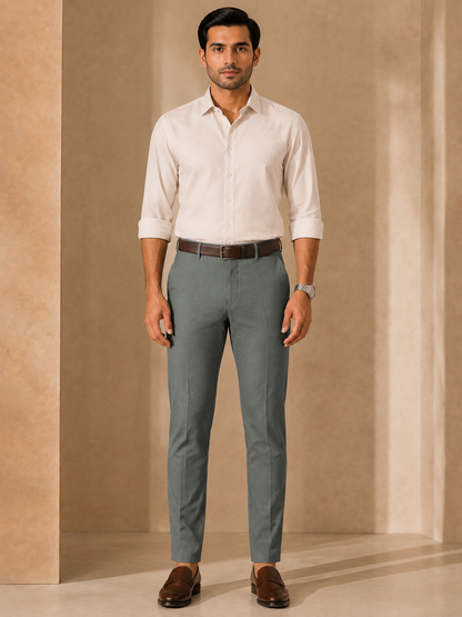 Men’s sage green trendy fit cotton trousers – full front model view