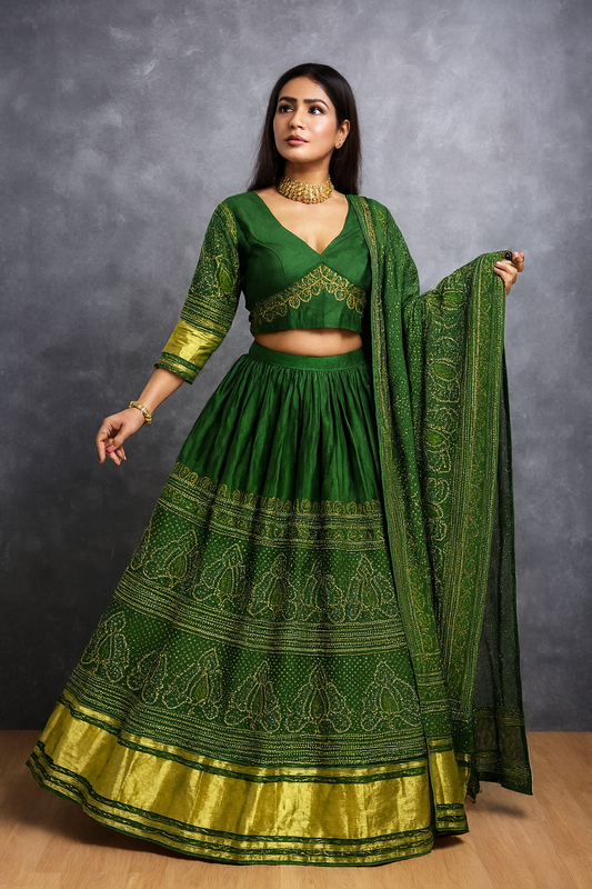 Woman wearing a green traditional outfit with a matching dupatta against a gray background