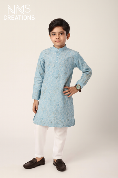 Boys Pastel Blue Cotton Silk Woven Kurta – Festive Wear