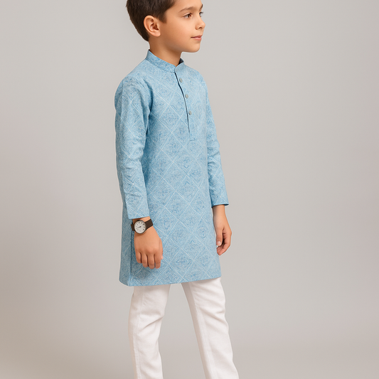 Boys Pastel Blue Cotton Silk Woven Kurta – Festive Wear