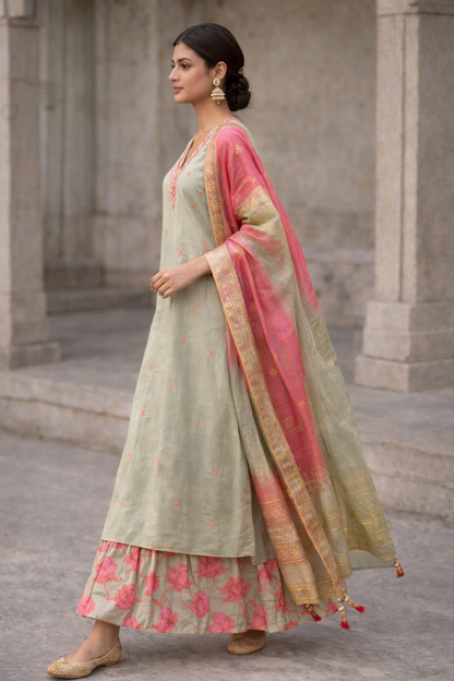 Sage Blush Embroidered Kurta with Tiered Skirt & Dupatta Set
