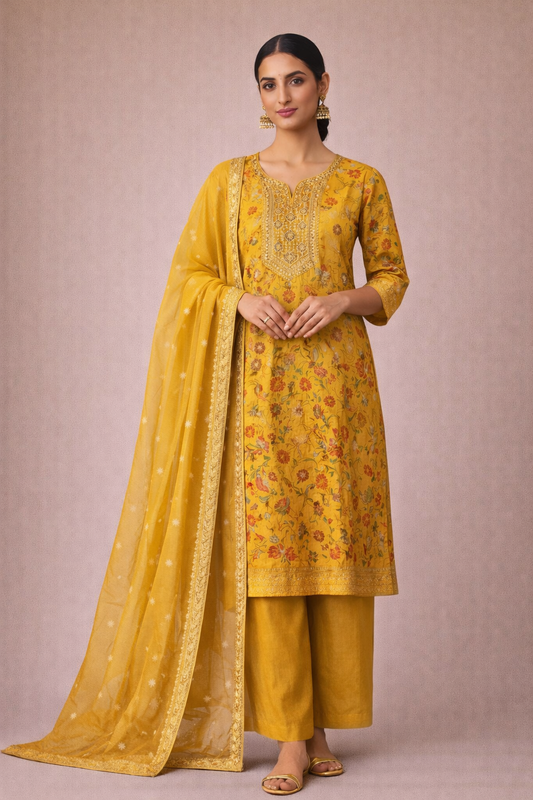Mustard Yellow Embroidered Straight Kurta Set with Dupatta